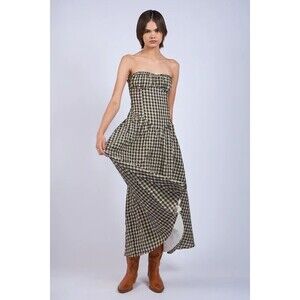 ABOVO Melicks Dress Off-White Black Checker Print Straight Across Strapless Back